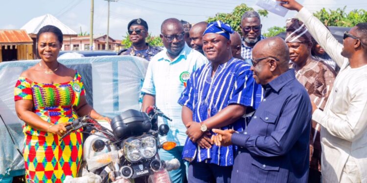 Hon. Collins Adomako Mensah Presents Tricycle Truck and Gifts to Outstanding Farmers in Afigya Kwabre North