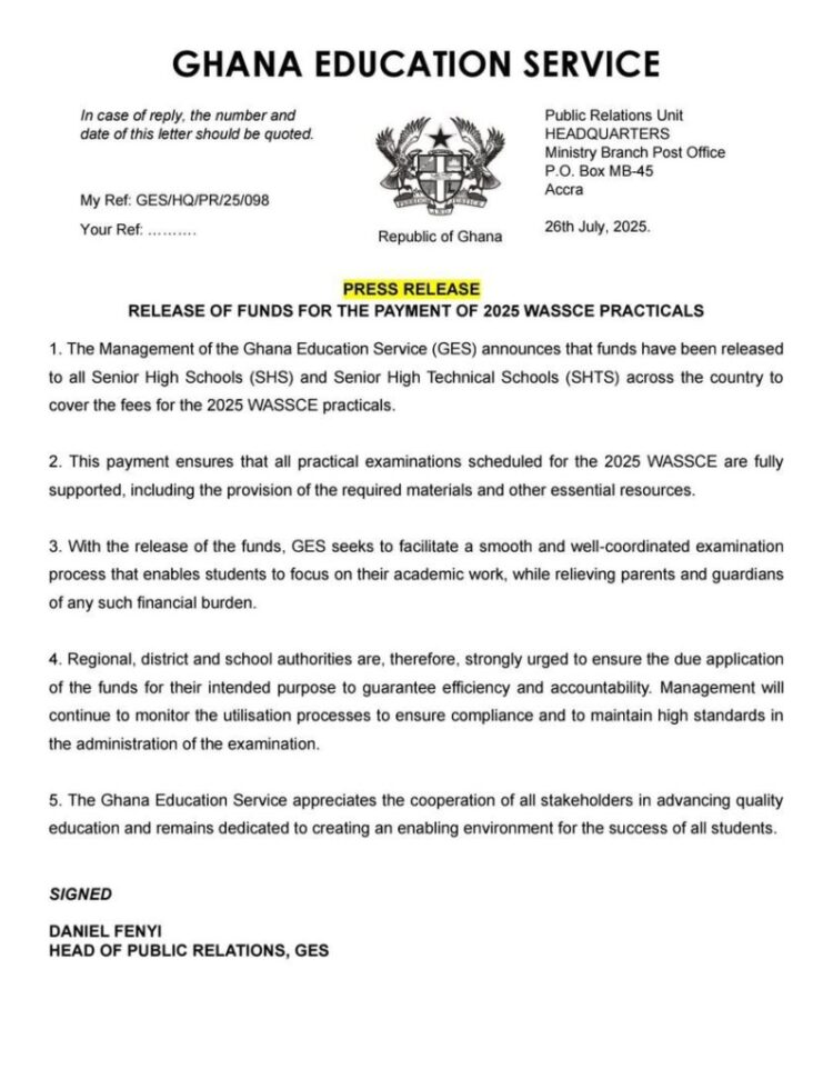 GES Releases Full Funding for 2025 WASSCE Practical Exams Nationwide