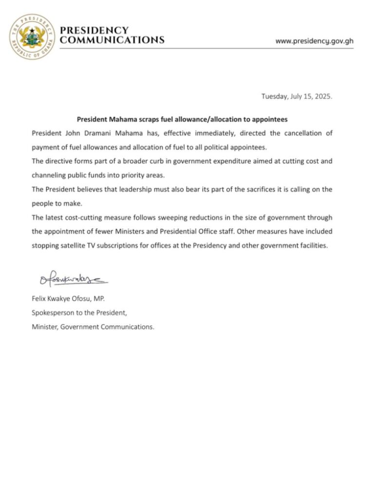 Mahama scraps fuel allowances for all political appointees