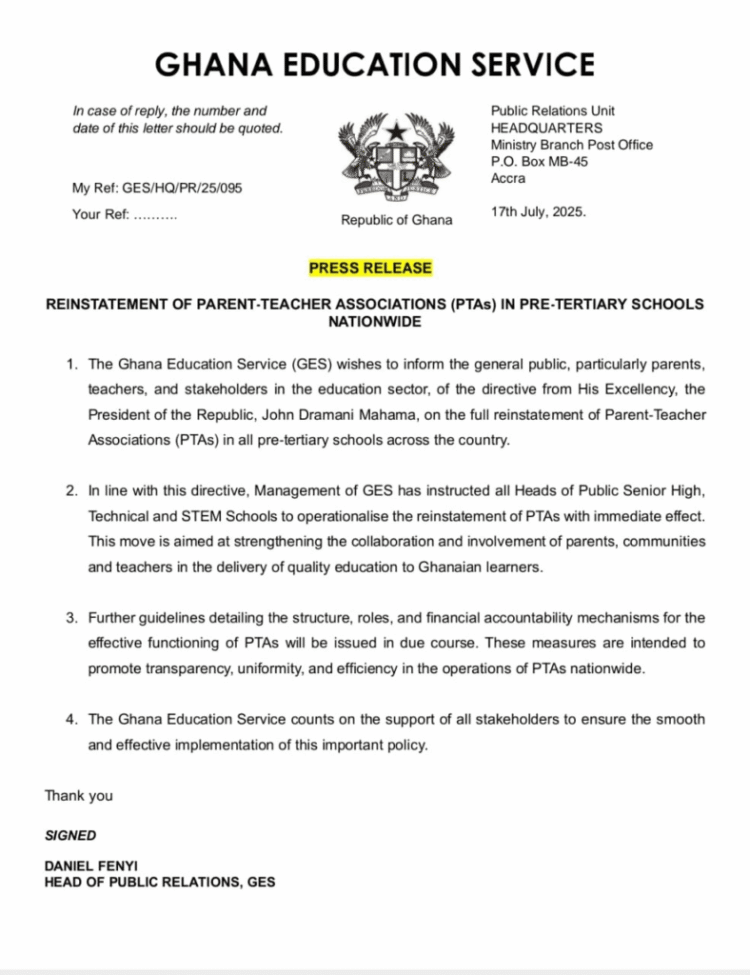 GES reinstates PTAs in pre-tertiary schools following presidential directive