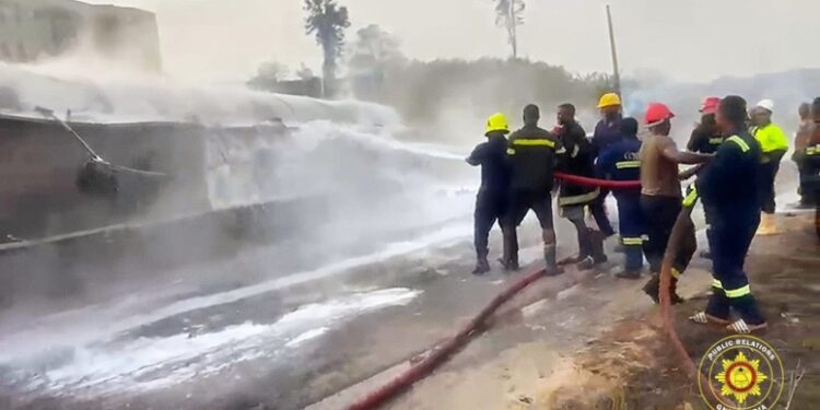 Photos: Firefighters Battle Blaze on Nsawam–Accra Highway After Saturday Tanker Explosion