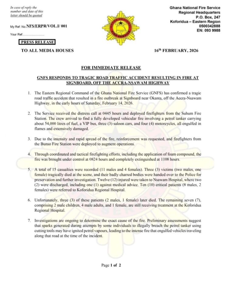 GNFS Confirms Six Dead, Seven Injured in Petrol Tanker Fire on Accra-Nsawam Highway