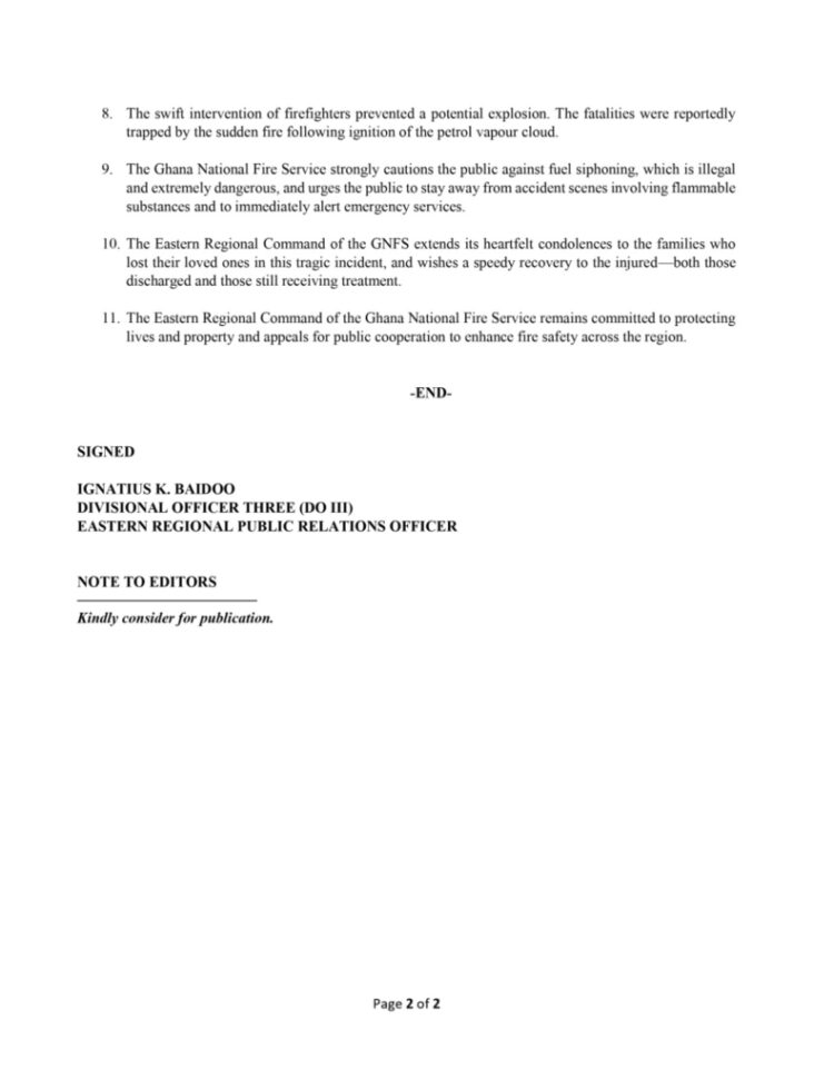 GNFS Confirms Six Dead, Seven Injured in Petrol Tanker Fire on Accra-Nsawam Highway