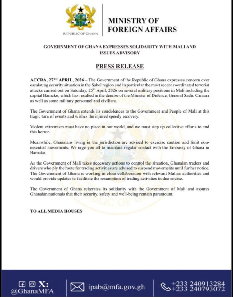 Ghana condemns Mali terror attacks, urges traders to halt travel.